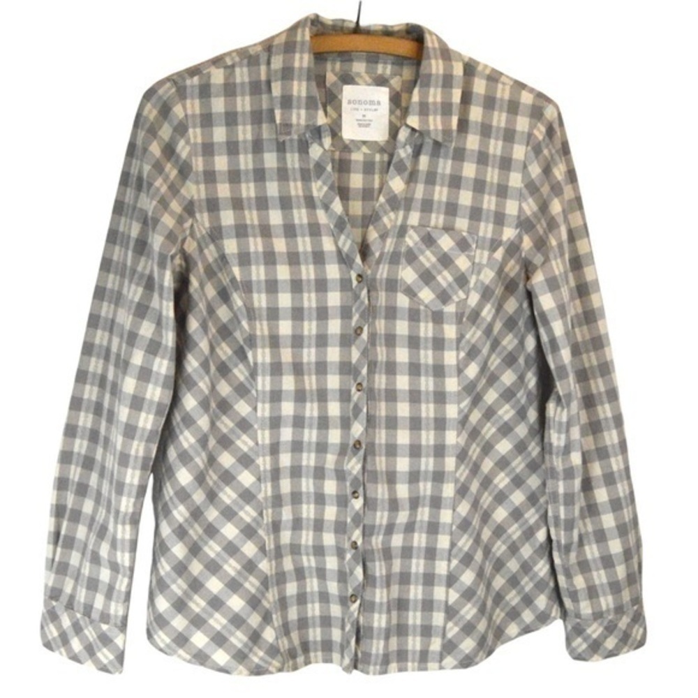 Sonoma Lightweight Cotton Snap Button Checkered Blouse V-Neck, Medium